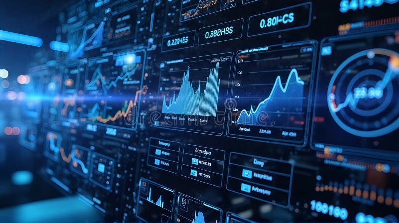 Futuristic digital dashboard displaying interactive financial charts and data analytics stock illustration