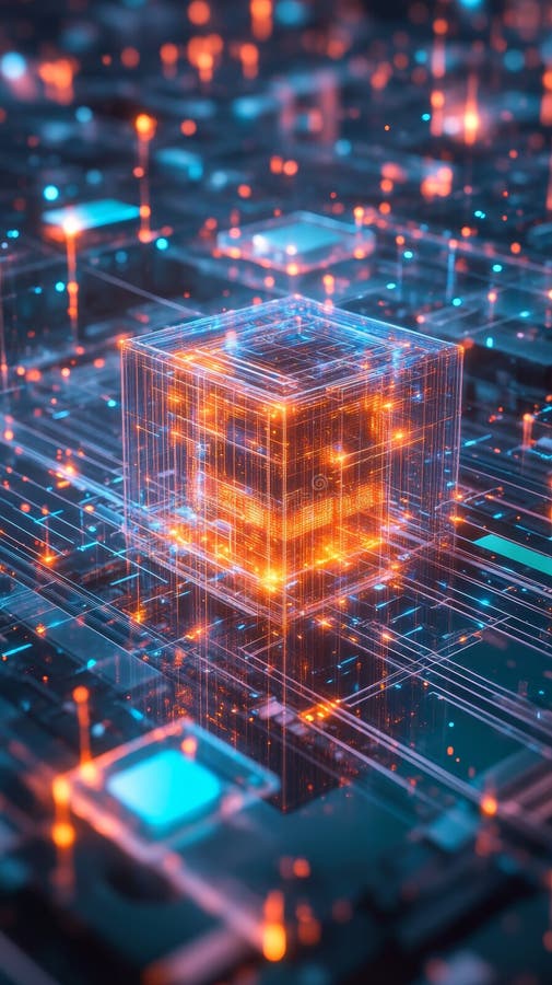 Futuristic Digital Data Cube in Illuminated Technology Network stock illustration