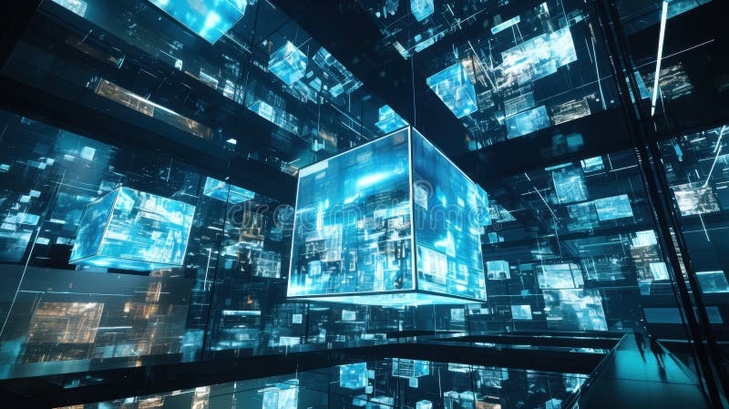 Futuristic digital data cube matrix in virtual reality space stock illustration