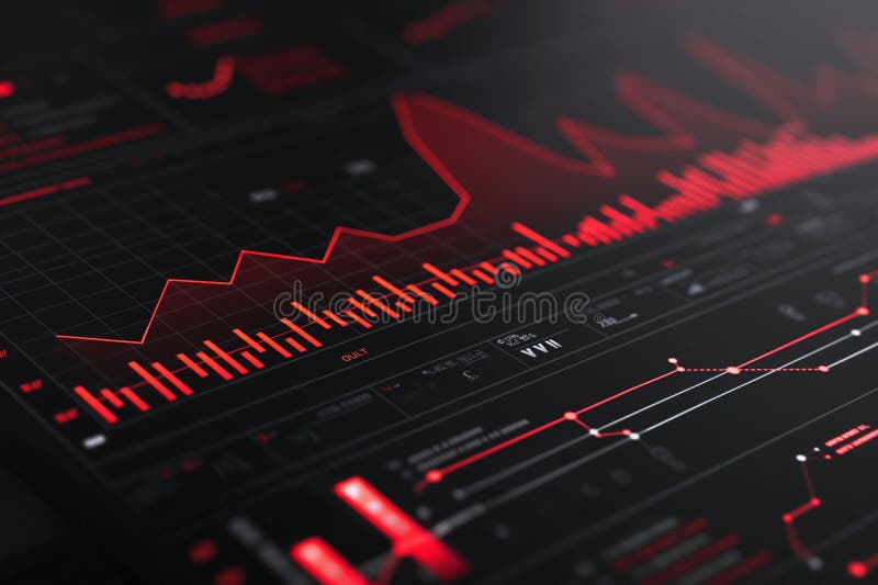 Futuristic digital data graph showing financial analysis and data trends, red and black colors, financial concept. Futuristic digital data graph showing financial analysis and data trends. Red and black colors create a modern look, with copy space. AI generated
