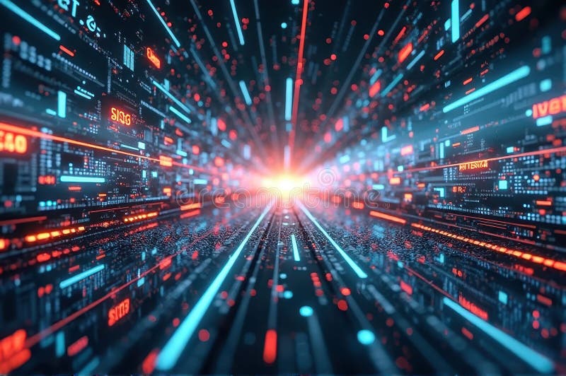 Futuristic digital data stream with glowing lights and code elements royalty free illustration