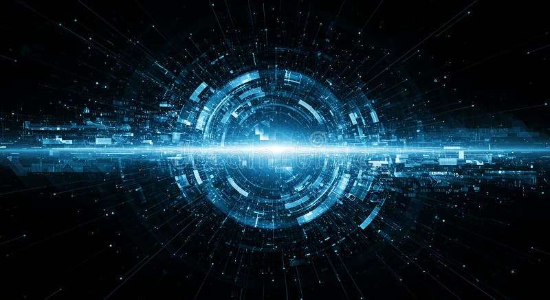 Futuristic digital design featuring a glowing, spherical blue core surrounded by royalty free illustration