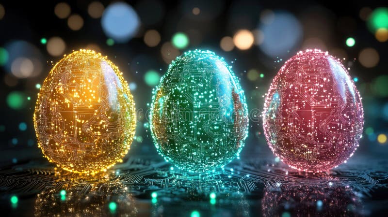 Futuristic digital easter eggs with circuit patterns and illuminated designs. Easter, Pascha, Paskha, Ostern, Pascua royalty free stock photos