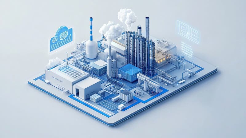 Futuristic Digital Factory Model with IoT Integration stock illustration