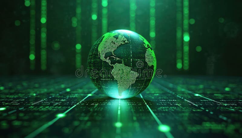 Futuristic digital globe with cascading green binary code represents global connectivity, technology. Abstract earth, global stock photos