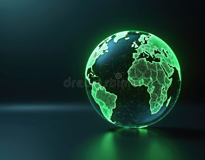 Futuristic digital globe with green network connections on dark background, global tech, modern communication, science royalty free illustration