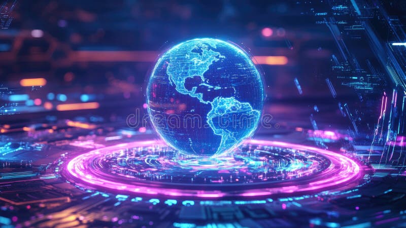 Futuristic digital globe with neon lights in virtual network environment royalty free stock photo