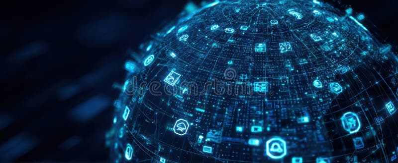The futuristic digital globe showcasing a network of interconnected icons and data.. image stock photography.