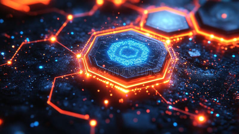 Futuristic digital hexagonal circuit with neon lights and glowing patterns stock images