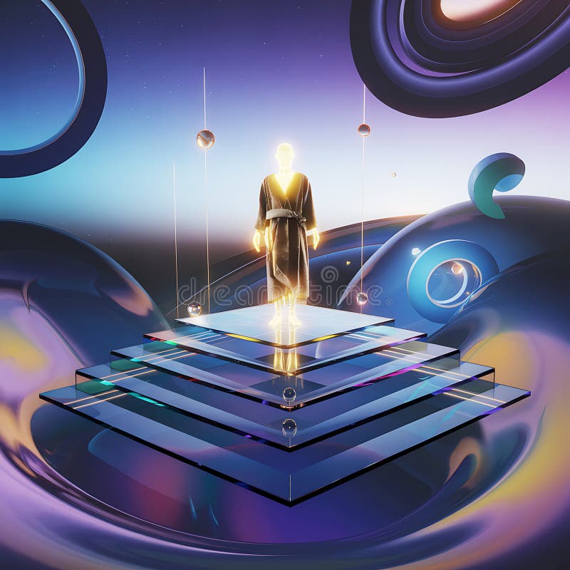Futuristic Digital Humanoid on a Floating Geometric Platform - Sci-Fi Abstract Art royalty free stock photos