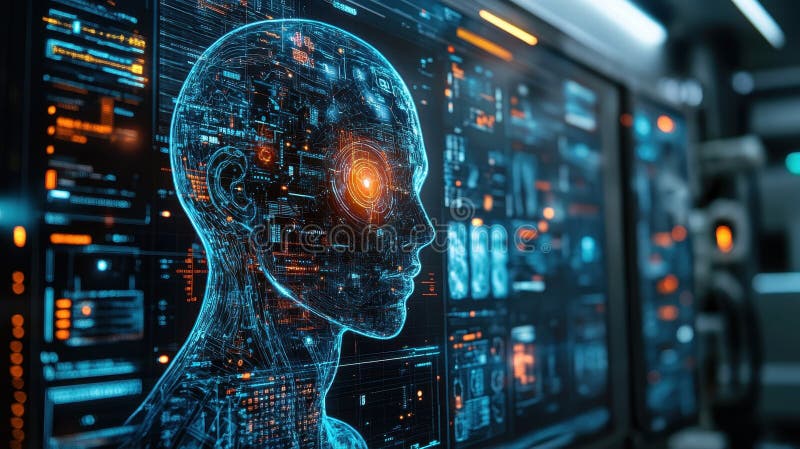 Futuristic digital humanoid interface displaying intricate circuitry and glowing details in a high-tech environment royalty free stock images