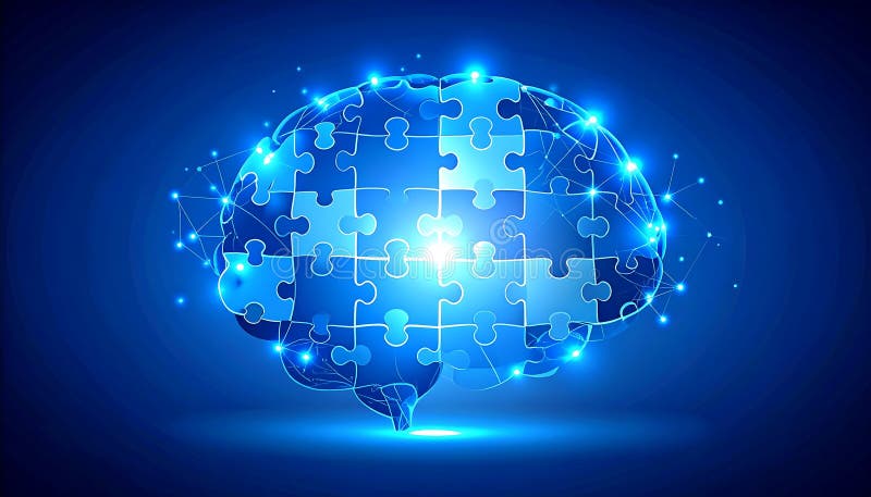 Glowing Brain Puzzle — Problem Solving and Intelligence Concept, AI-Generated stock illustration