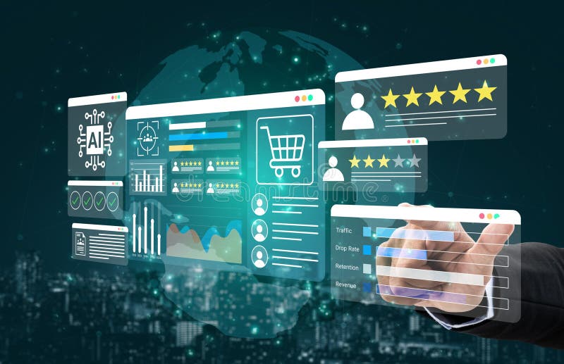 A futuristic digital interface showcasing various metrics, user profiles, and charts. Ideal for illustrating data-driven business strategies and online engagement. Gantry. Networking profiles stock images, royalty-free photos and pictures