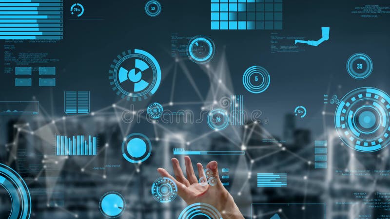 Futuristic Digital Interface with Data Visualization and Technology Concepts Featuring an Open Hand against a Cityscape vector illustration