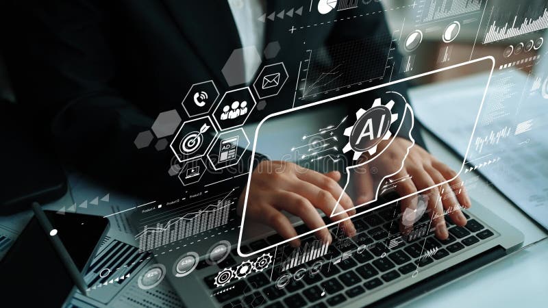 Futuristic Digital Interface Display with AI Icon and Business Data Analytics on Laptop Keyboard. Asymptotic smart data stock illustration