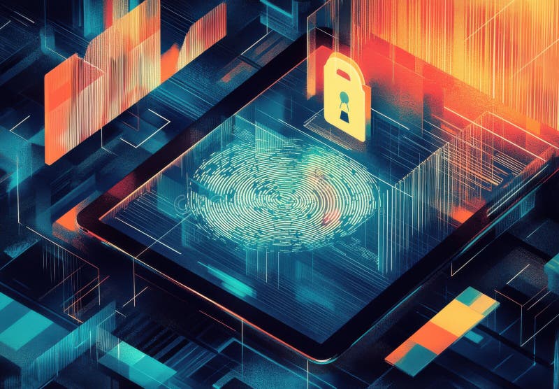 Futuristic digital interface displaying biometric fingerprint technology stock images