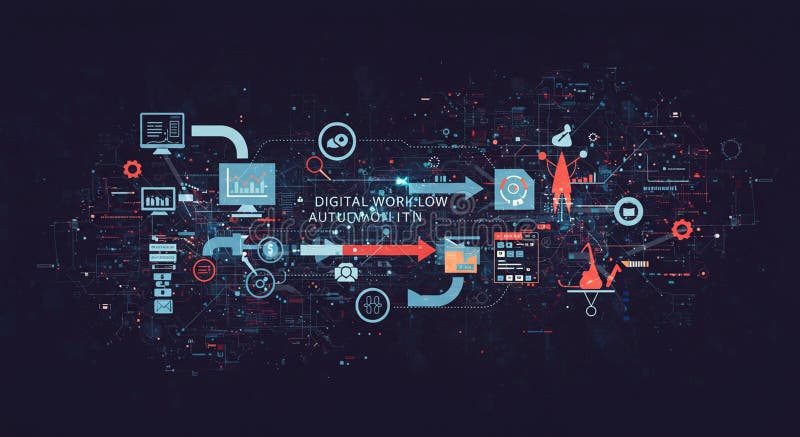 Futuristic digital interface displaying a complex workflow automation concept. stock illustration