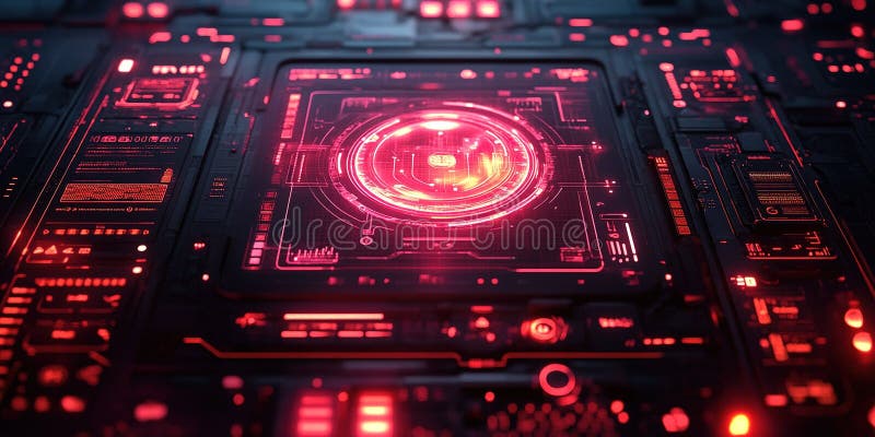 Futuristic digital interface displaying a glowing red circular design on a dark background with intricate circuit vector illustration