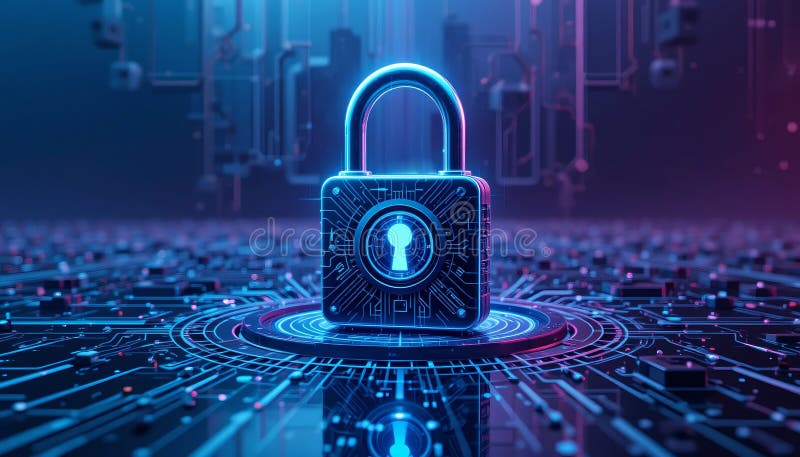 A futuristic digital interface displays a binary code lock on a blue tech background, representing network security royalty free illustration