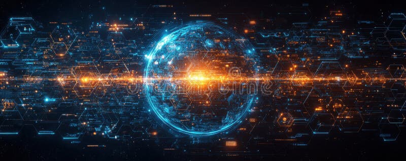 Futuristic digital interface featuring a glowing AI network with data flow stock photos