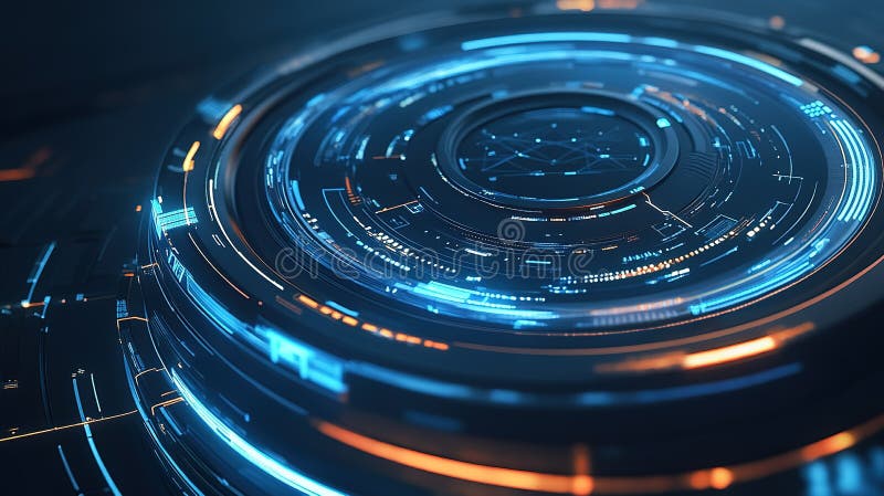 Interfață digitală futuristă cu modele circulare strălucitoare, albastru și portocaliu, într-un mediu întunecat royalty free stock image