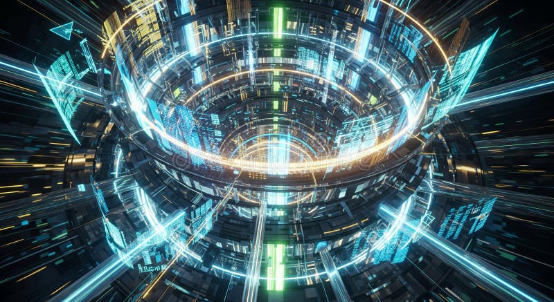 Futuristic digital interface with glowing circular patterns and dynamic motion in a sci-fi setting. concept of advanced technology