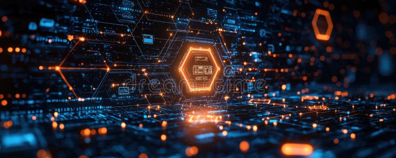 Futuristic digital interface with glowing hexagonal design and data network royalty free stock photos