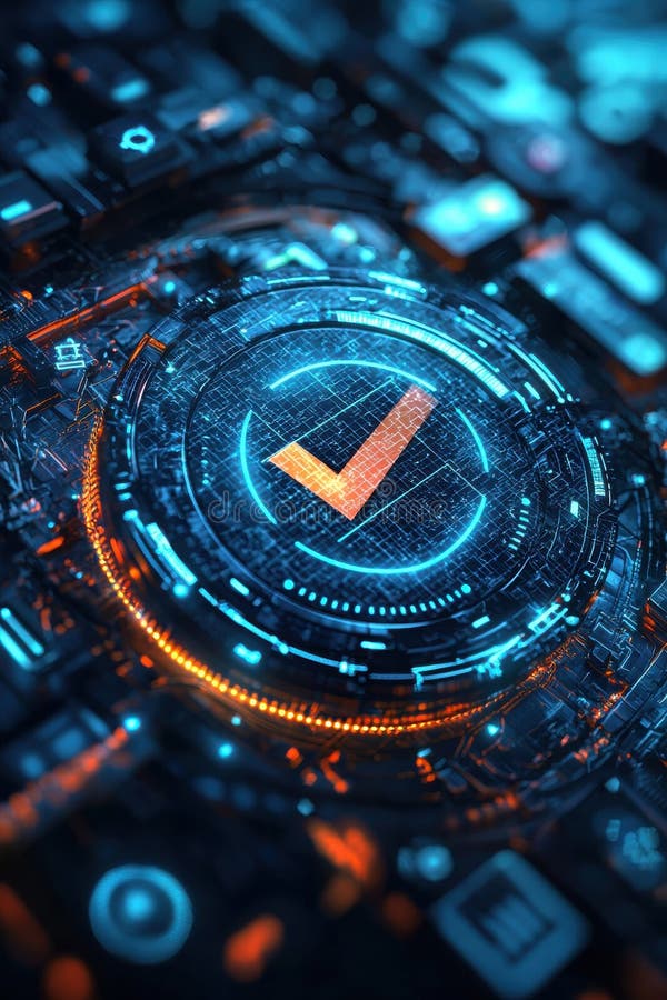Futuristic digital interface with illuminated check mark and high-tech visuals royalty free stock photos