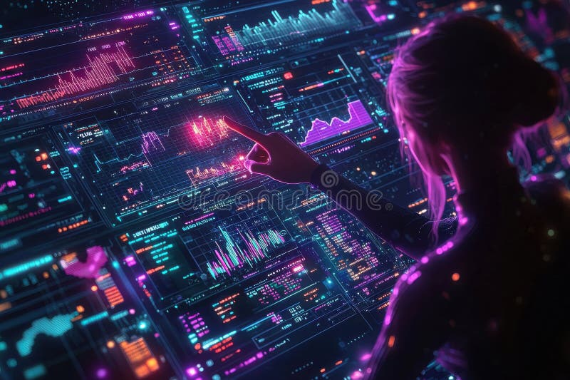 Futuristic digital interface with person analyzing data on virtual screen stock photo