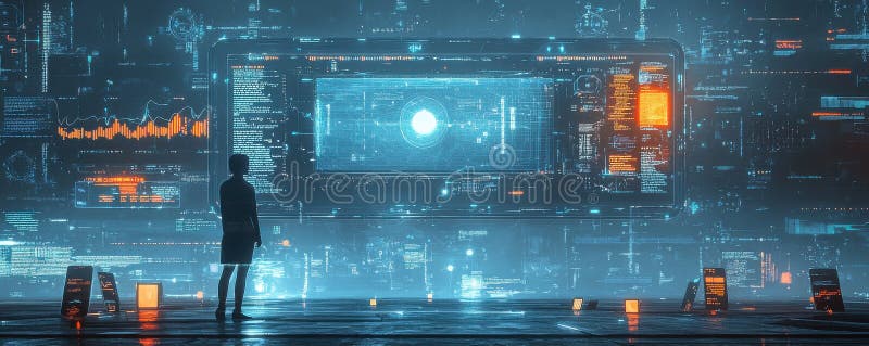 Futuristic digital interface showcasing advanced AI technology and data visualization royalty free stock image