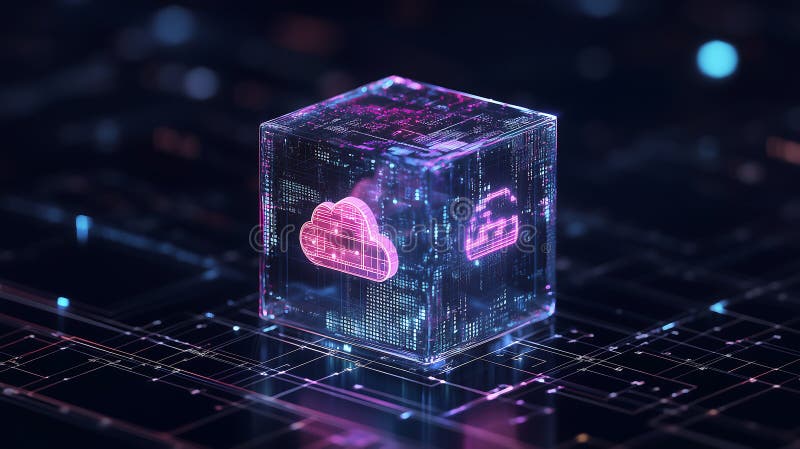 A futuristic digital interface showcasing a glowing cube with cloud icons royalty free illustration