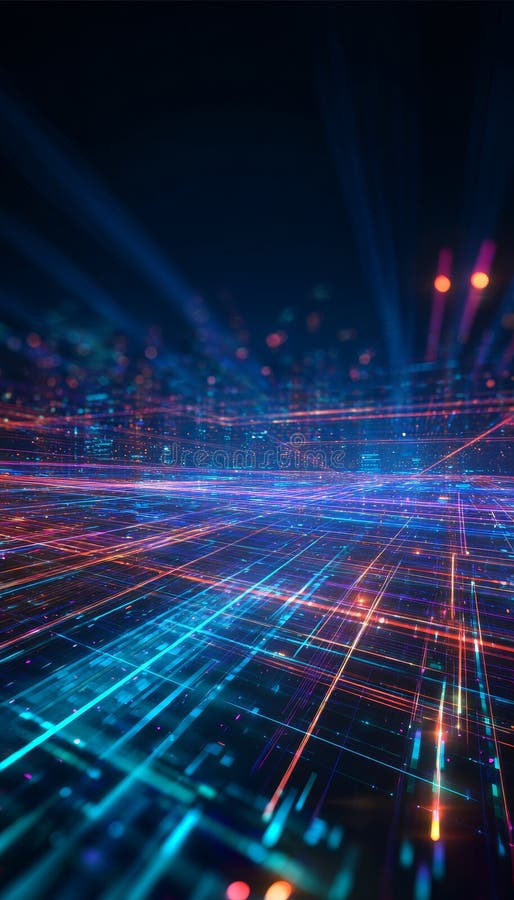 Futuristic digital landscape with dynamic 3d lines, glowing nodes, and cyber aesthetic elements stock illustration