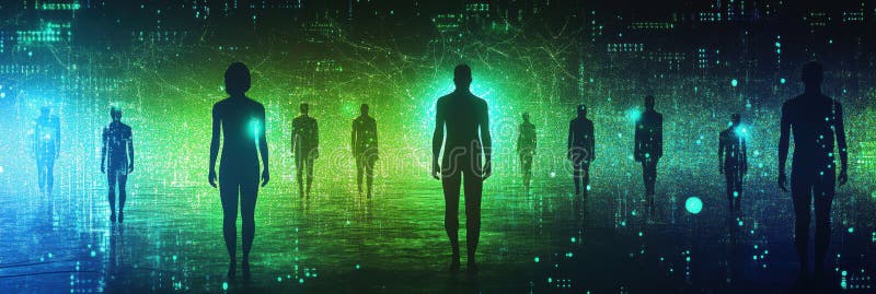 Futuristic digital landscape featuring human silhouettes and floating matrix code in a cybernetic environment royalty free stock image