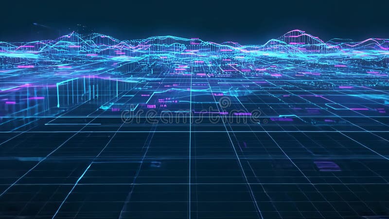 Futuristic Digital Landscape with Neon Grid and Data Visualization for Tech Design Generative AI vector illustration