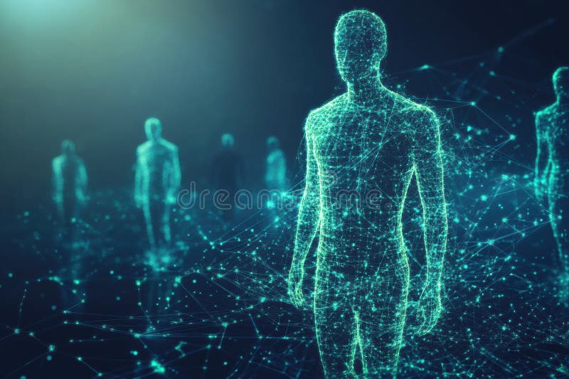 Futuristic digital landscape showcasing human silhouettes surrounded by floating matrix code. Generative AI royalty free stock photography