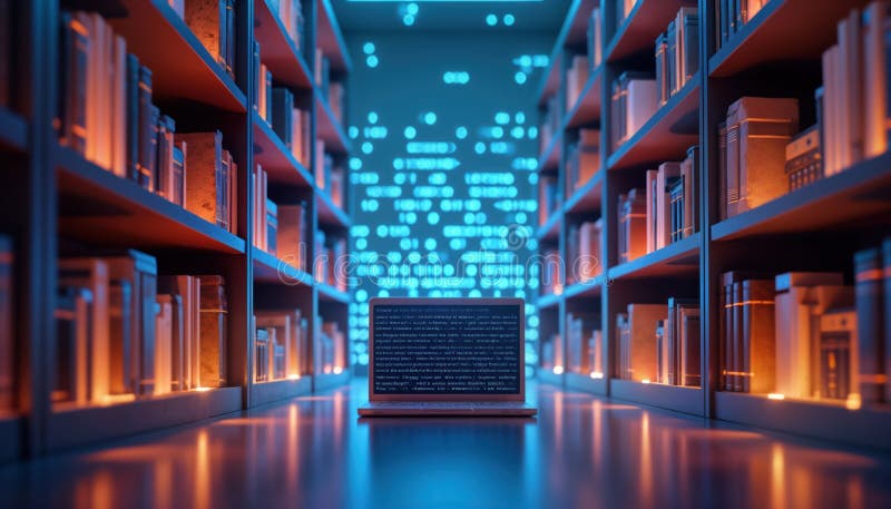 Futuristic digital library AI-powered info search. Bookshelves filled with books illuminated by glowing binary code. Laptop royalty free illustration