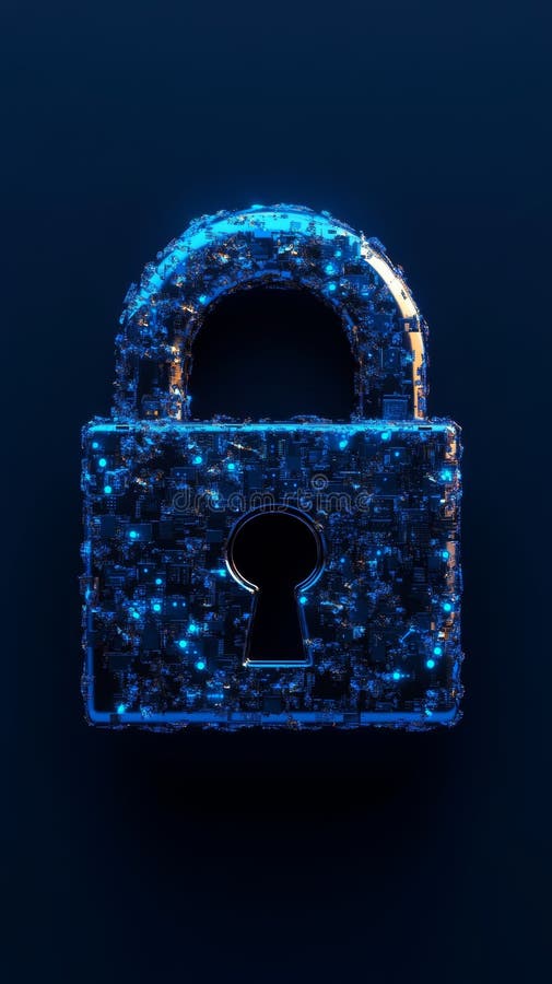 Digital Lock with Circuit Design and Glowing Blue Effects stock illustration