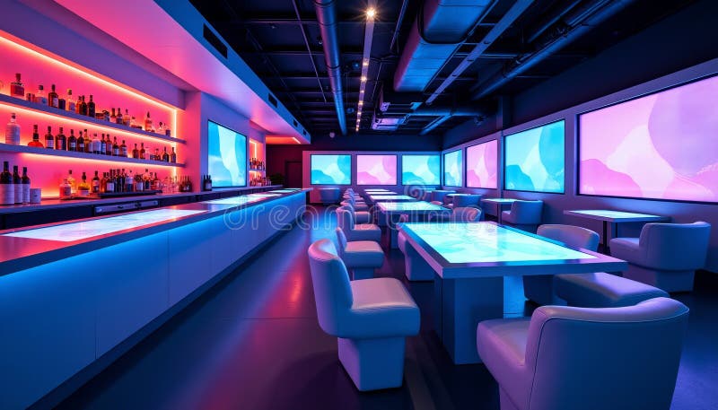 Futuristic Digital Lounge Cutting Edge Design with Dynamic Displays and Modern Ergonomic Seating vector illustration