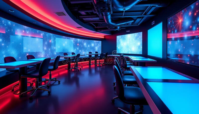 Futuristic Digital Lounge Cutting Edge Design with Dynamic Displays and Modern Ergonomic Seating royalty free illustration