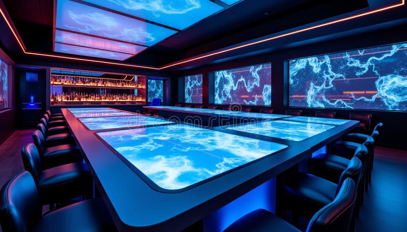 Futuristic Digital Lounge Cutting Edge Design with Dynamic Displays and Modern Ergonomic Seating royalty free illustration