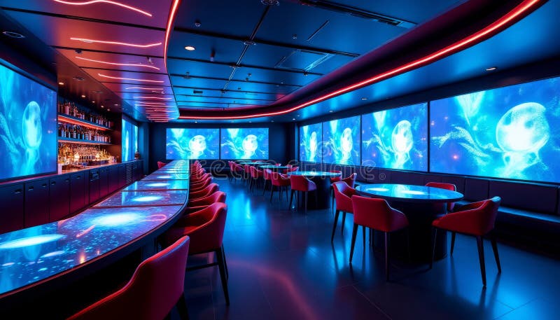 Futuristic Digital Lounge Cutting Edge Design with Dynamic Displays and Modern Ergonomic Seating stock illustration