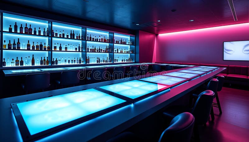 Futuristic Digital Lounge Cutting Edge Design with Dynamic Displays and Modern Ergonomic Seating royalty free illustration