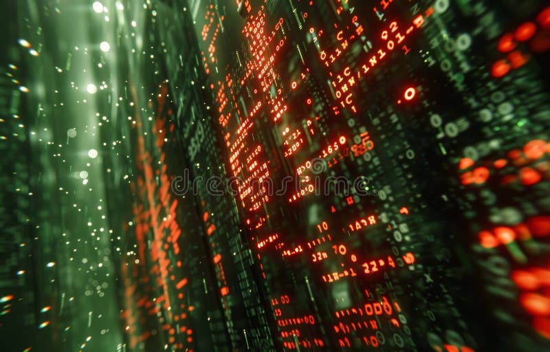 Futuristic Digital Matrix Background with Glowing Red and Green Binary Code vector illustration