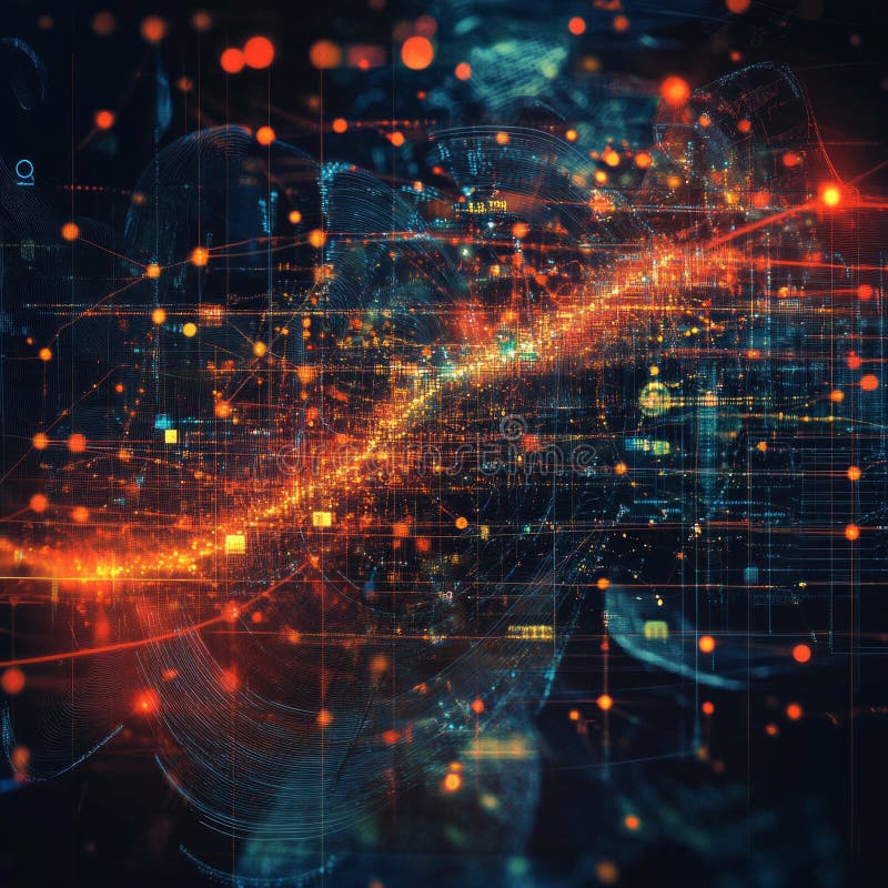 Futuristic digital matrix with bright orange and blue light patterns stock photos