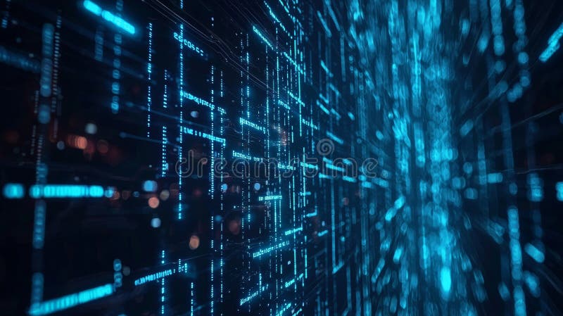 Futuristic digital matrix with glowing blue lights stock photos