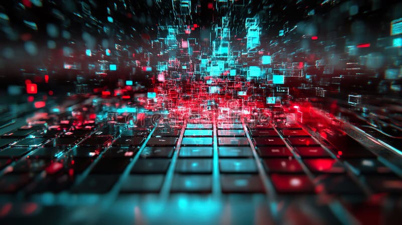 Futuristic digital matrix with glowing cubes over computer keyboard royalty free stock photos