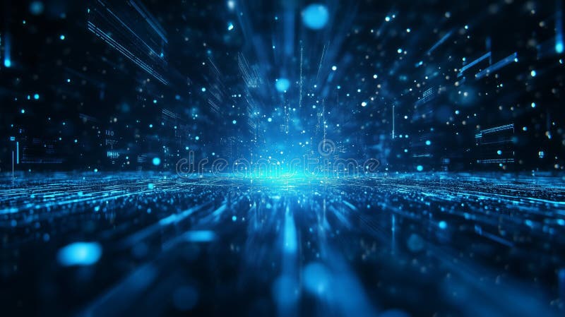 Futuristic digital matrix world with a blue energy field spreading into cyberspace. Concept of technology, data flow royalty free stock images