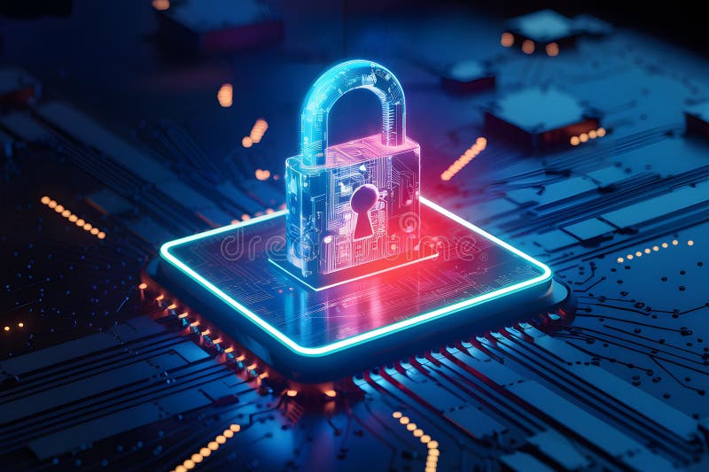 Futuristic digital padlock on advanced platform with circuitry, glowing dots, cyber security Generative AI