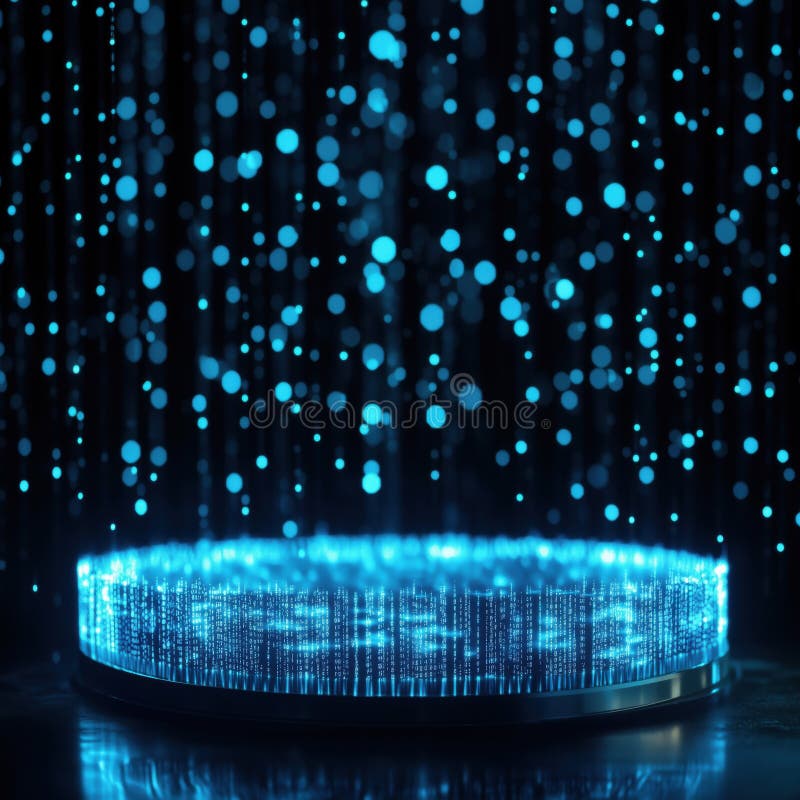 Futuristic digital platform with glowing blue binary rain and shimmering lights, copy space for text royalty free stock photography