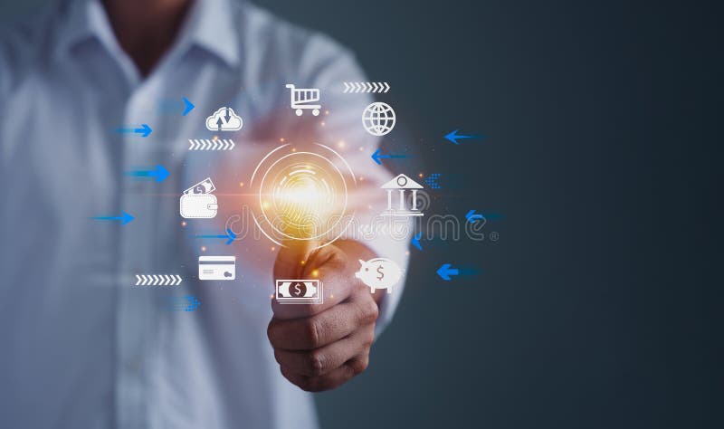 Prelucrarea digitală futuristă a scanerului biometric de identificare a amprentelor digitale pentru accesarea datelor financiare c stock photography